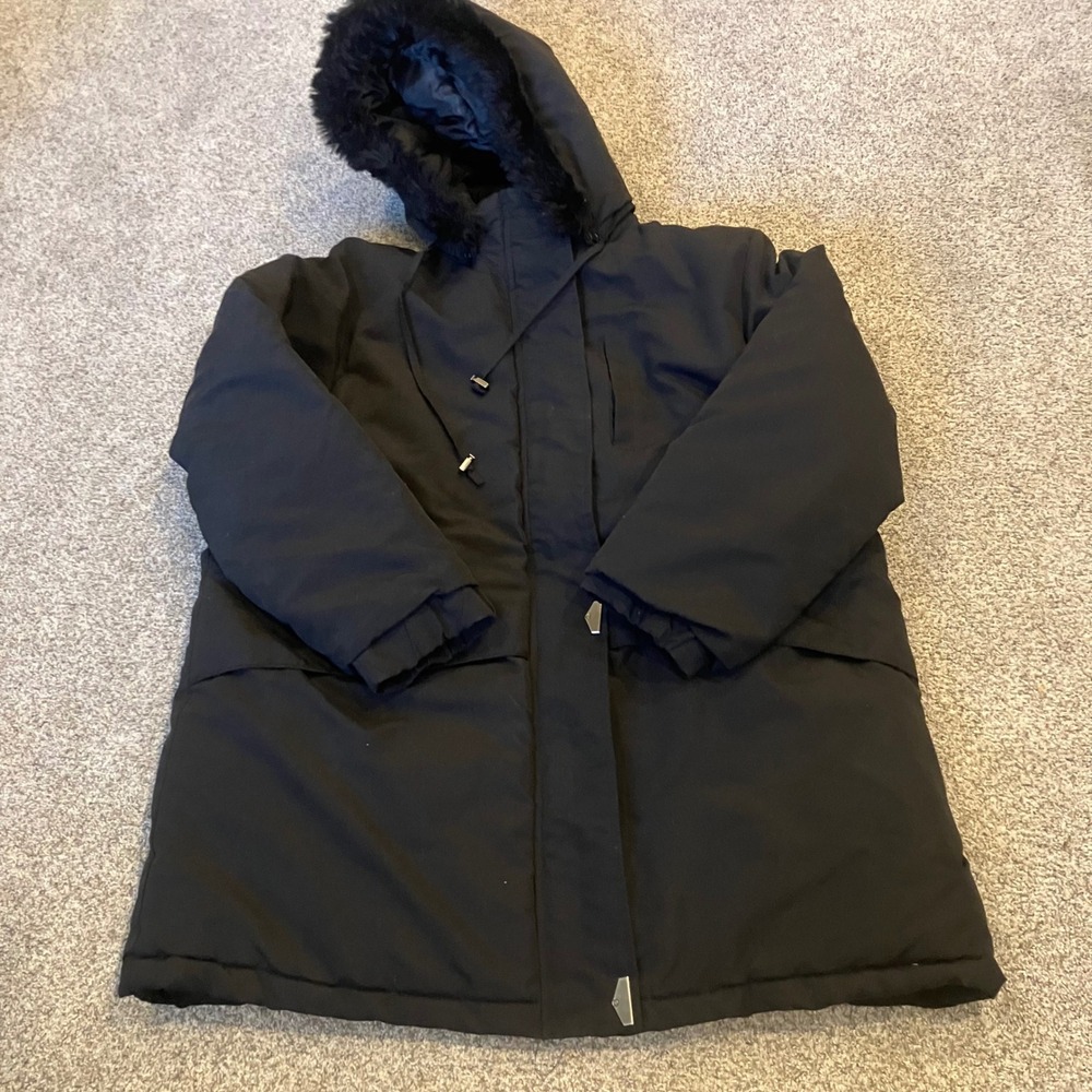 Vintage Tudor Court Women Black Quilted Parka Jacket Faux Fur Hood Large Utility